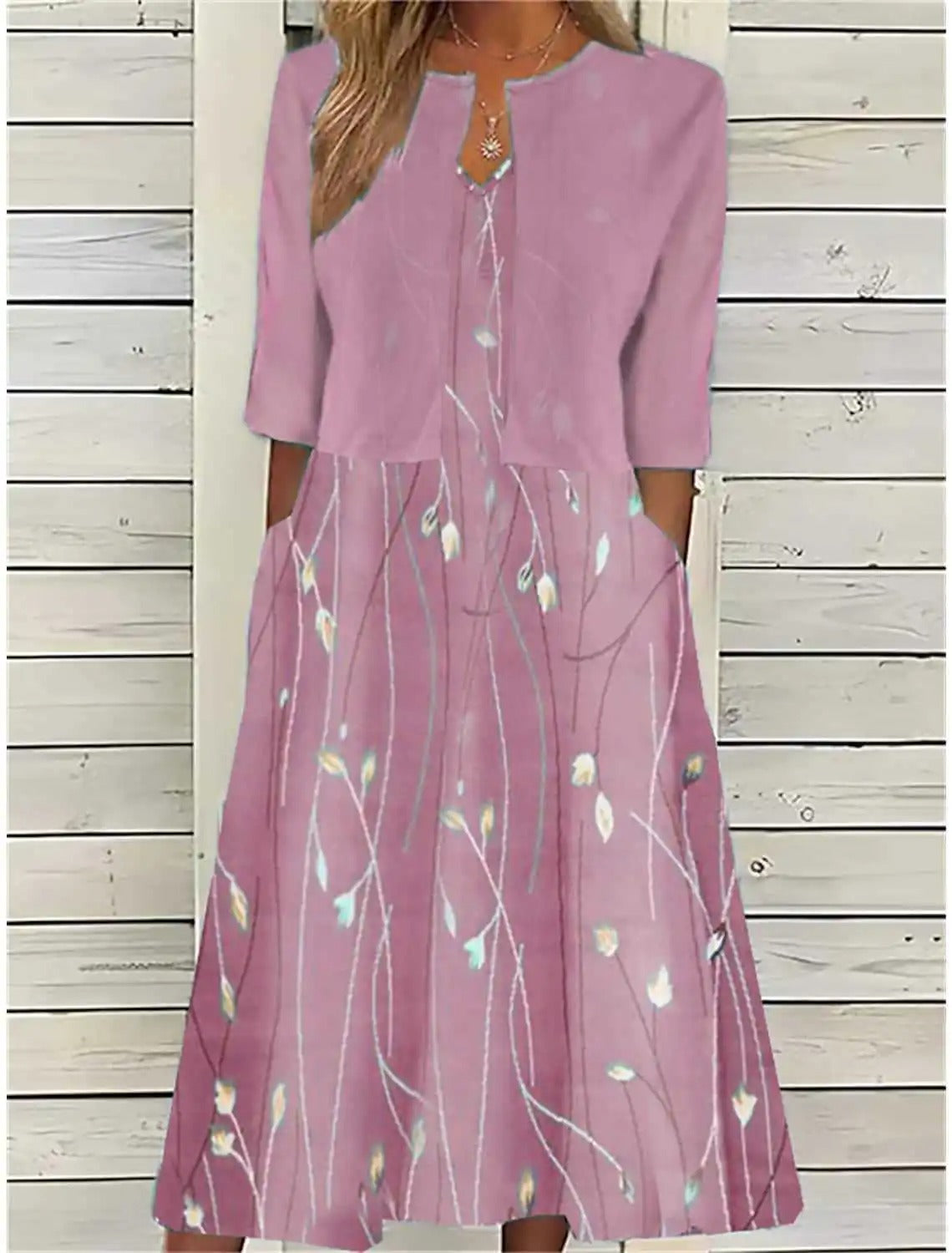 Mia | Women's Floral 3/4 Sleeve Midi Dress With Side Pockets