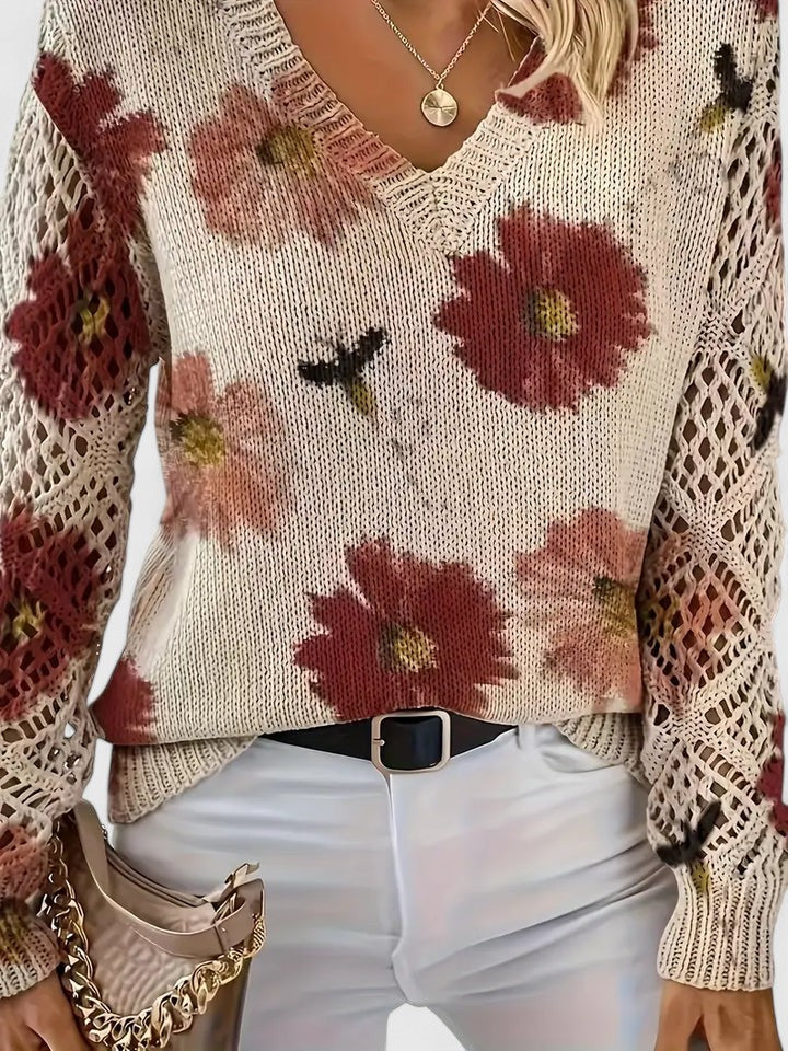Liza | Women's Floral Knit V-Neck Cardigan with Lattice Sleeves