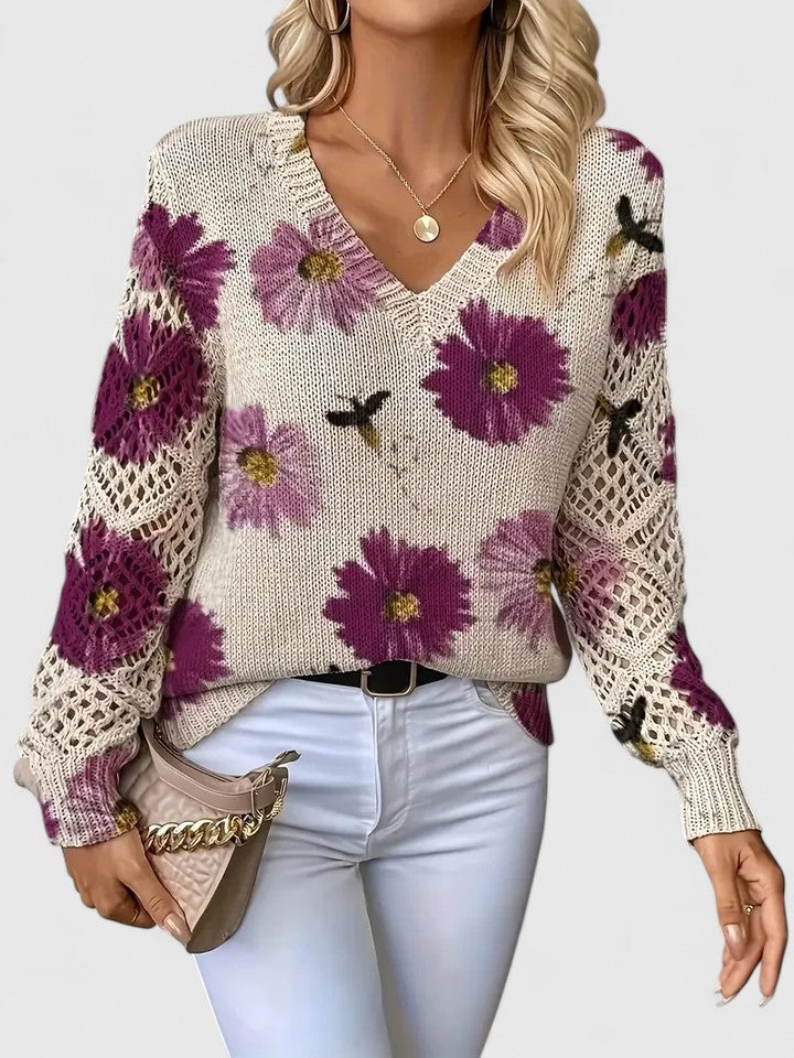 Liza | Women's Floral Knit V-Neck Cardigan with Lattice Sleeves