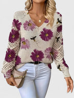 Liza | Women's Floral Knit V-Neck Cardigan with Lattice Sleeves