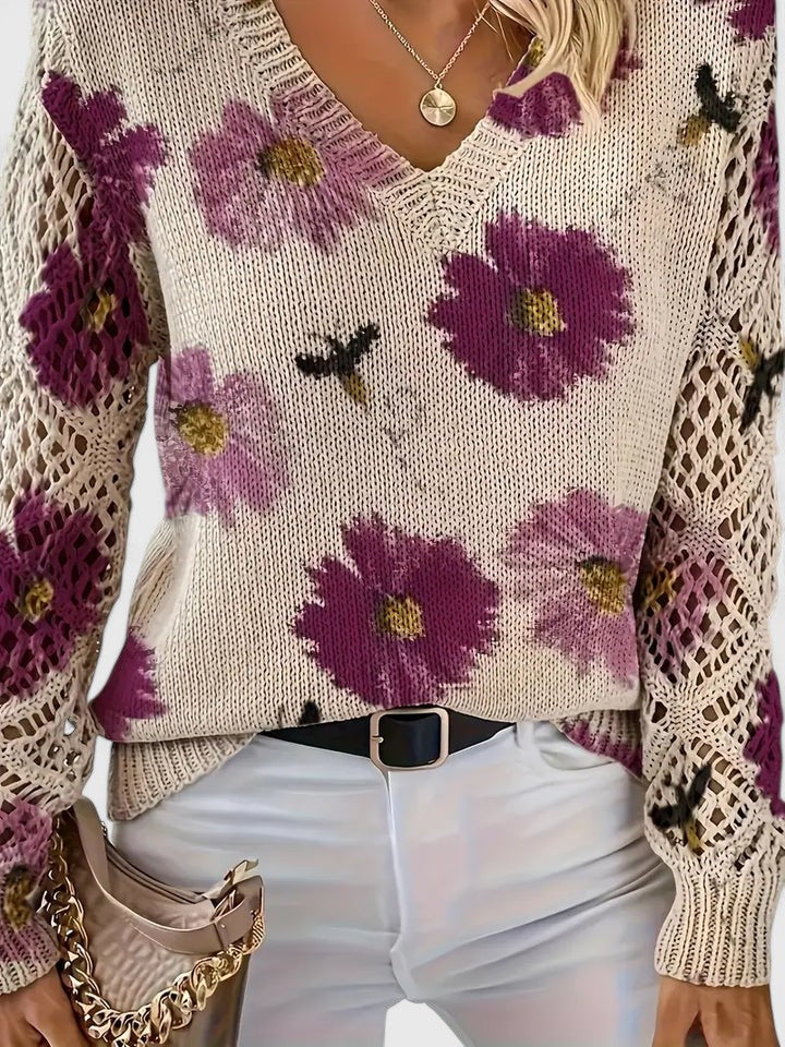 Liza | Women's Floral Knit V-Neck Cardigan with Lattice Sleeves
