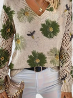 Liza | Women's Floral Knit V-Neck Cardigan with Lattice Sleeves