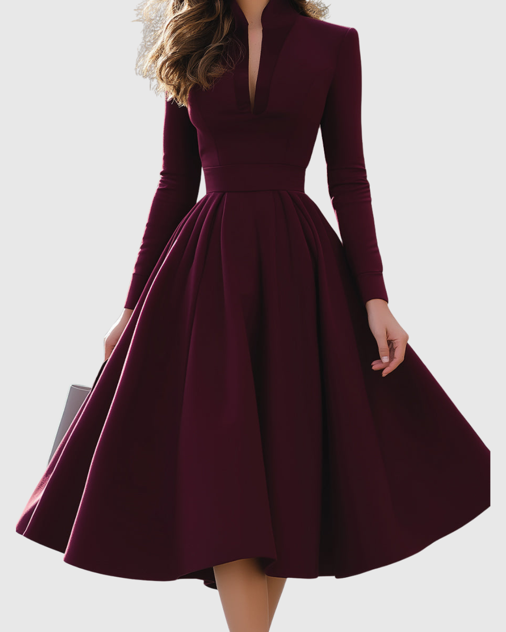 Avelina | Women's V-Neck Long Sleeve Midi Dress with Pleated Skirt