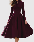 Avelina | Women's V-Neck Long Sleeve Midi Dress with Pleated Skirt
