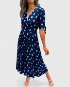 Colette | Women's V-Neck Polka Dot Midi Dress with Bow-Tie Sleeves