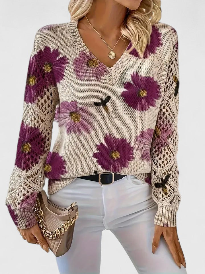 Liza | Women's Floral Knit V-Neck Cardigan with Lattice Sleeves
