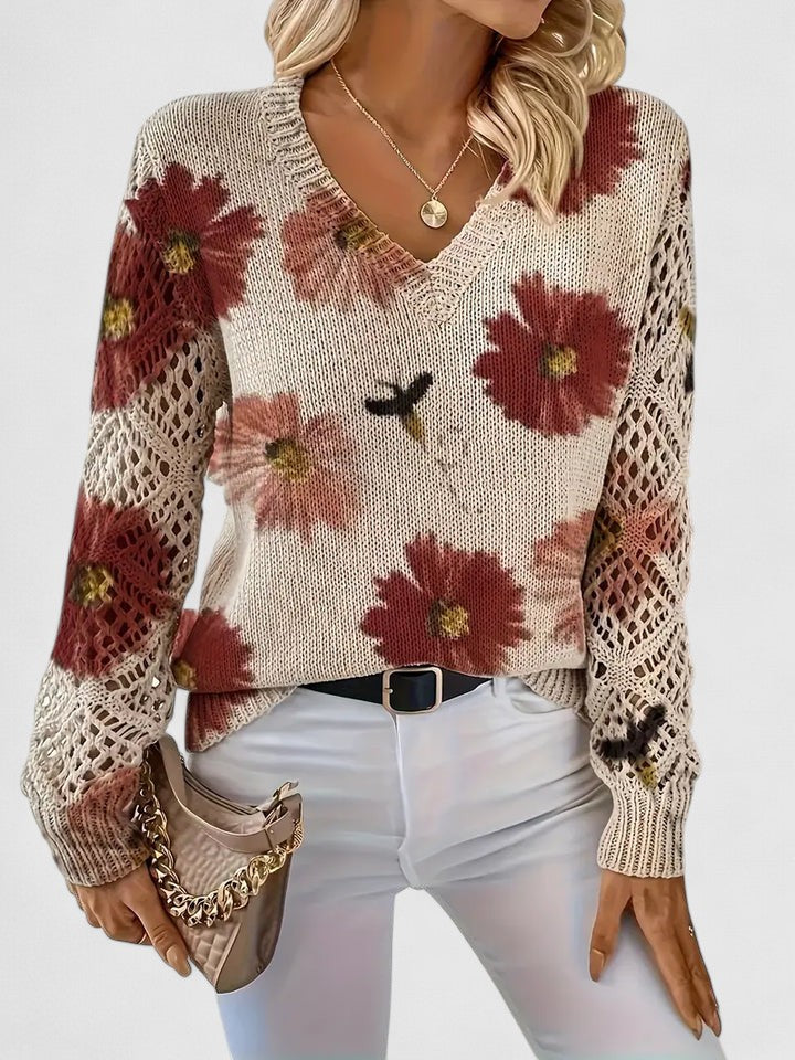 Liza | Women's Floral Knit V-Neck Cardigan with Lattice Sleeves