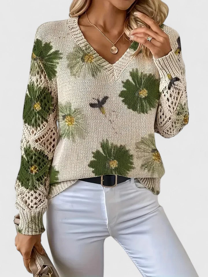 Liza | Women's Floral Knit V-Neck Cardigan with Lattice Sleeves