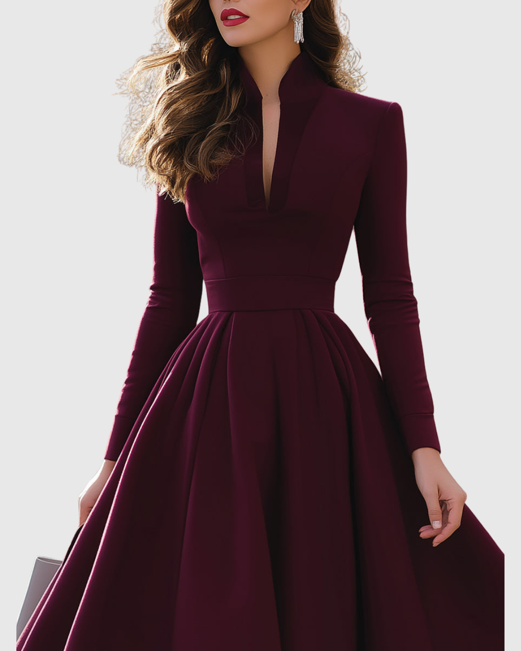 Avelina | Women's V-Neck Long Sleeve Midi Dress with Pleated Skirt