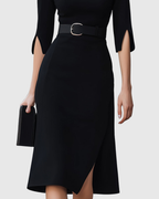 Blythewyn | Women's Belted High-Neck Black Midi Dress with Asymmetric Hem