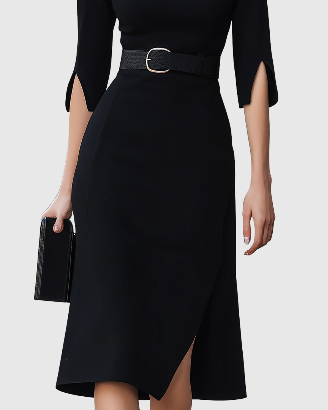 Blythewyn | Women's Belted High-Neck Black Midi Dress with Asymmetric Hem