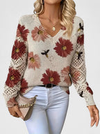 Liza | Women's Floral Knit V-Neck Cardigan with Lattice Sleeves