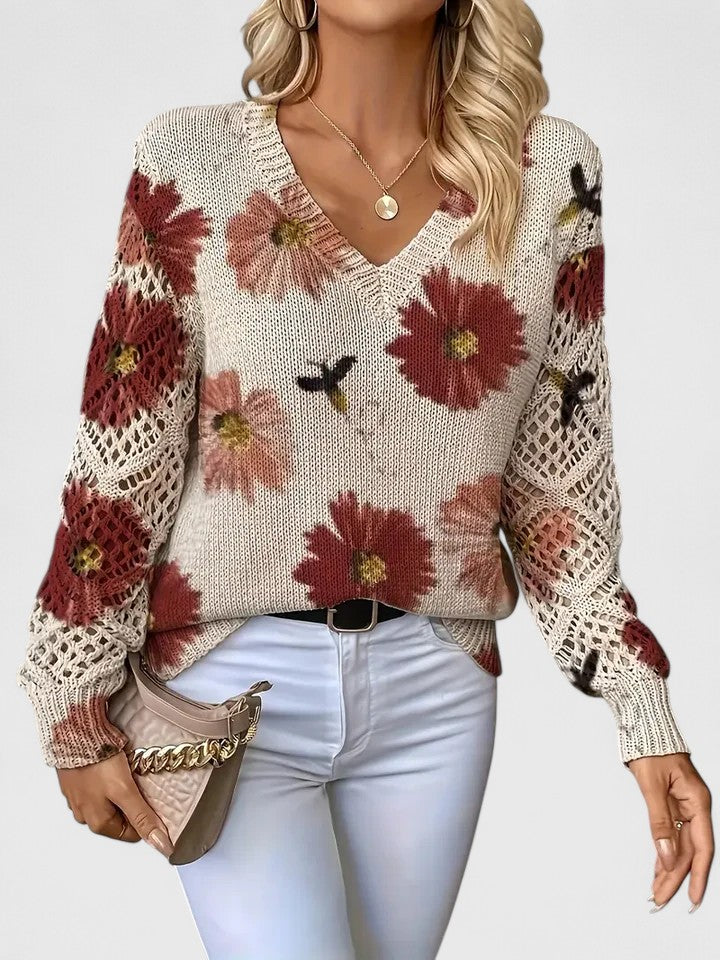 Liza | Women's Floral Knit V-Neck Cardigan with Lattice Sleeves