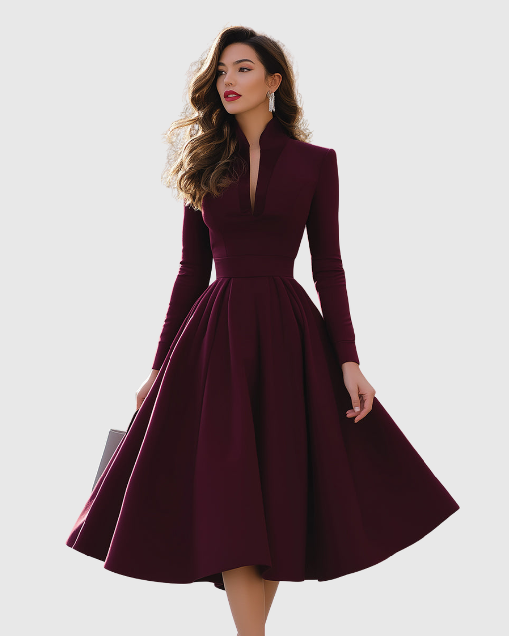 Avelina | Women's V-Neck Long Sleeve Midi Dress with Pleated Skirt