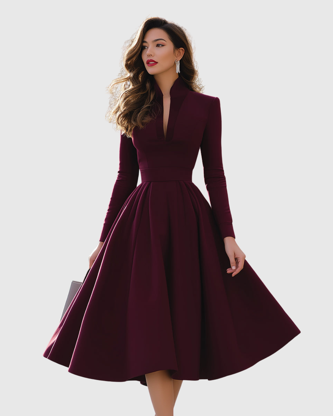 Avelina | Women's V-Neck Long Sleeve Midi Dress with Pleated Skirt