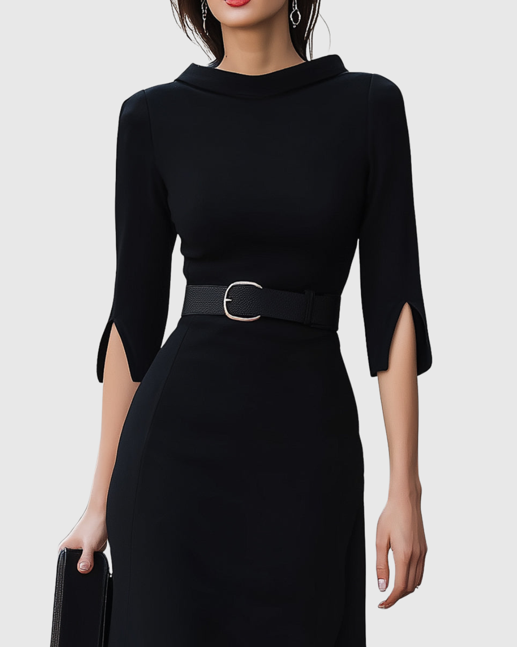 Blythewyn | Women's Belted High-Neck Black Midi Dress with Asymmetric Hem