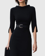 Blythewyn | Women's Belted High-Neck Black Midi Dress with Asymmetric Hem