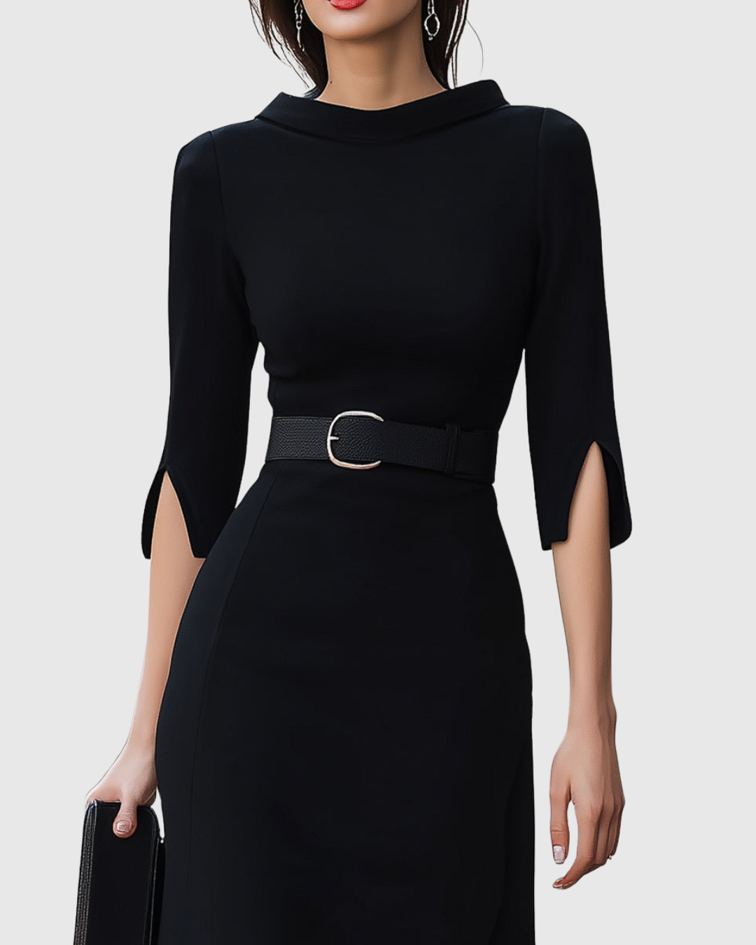 Blythewyn | Women's Belted High-Neck Black Midi Dress with Asymmetric Hem
