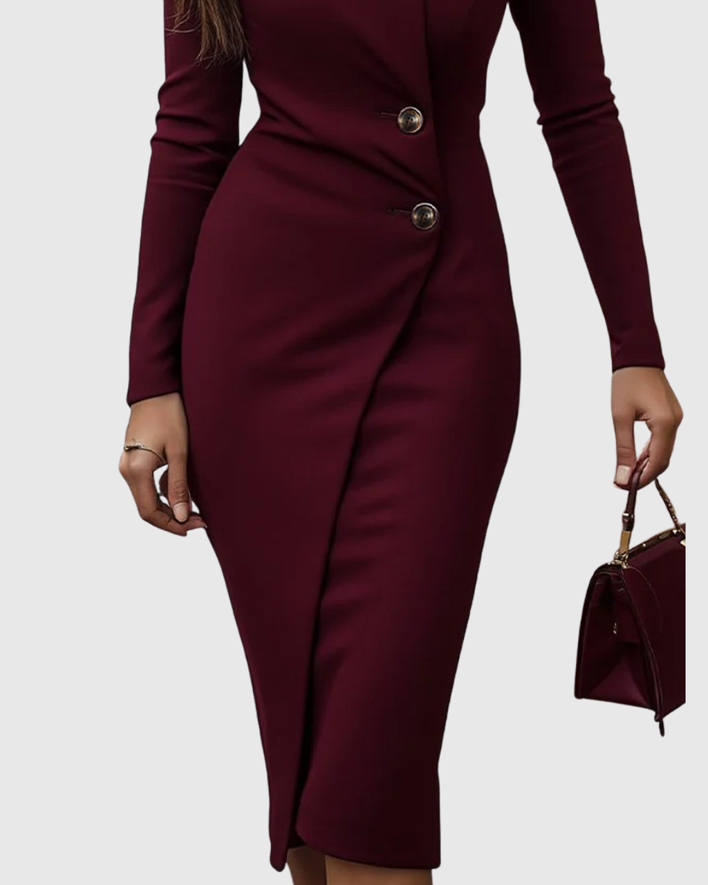 Luned | Women's Burgundy Wrap-Style Long Sleeve Midi Dress with Buttons
