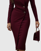 Luned | Women's Burgundy Wrap-Style Long Sleeve Midi Dress with Buttons