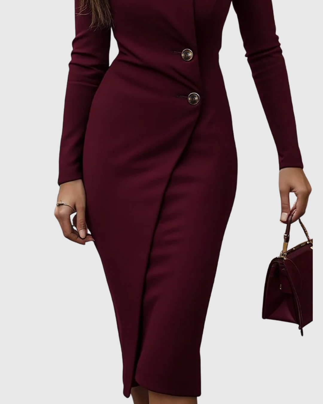 Luned | Women's Burgundy Wrap-Style Long Sleeve Midi Dress with Buttons