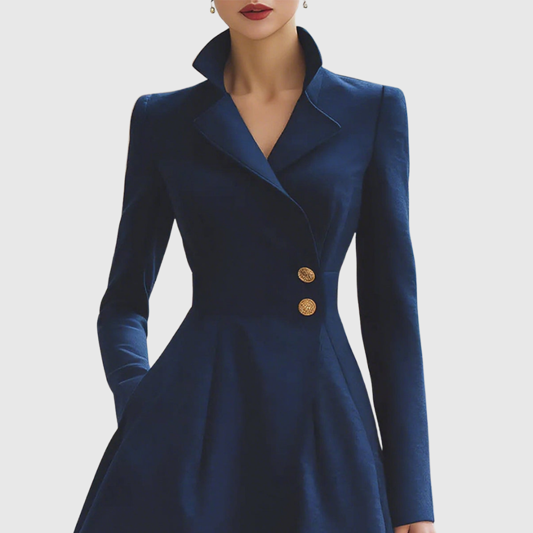 Eleanor | Women's Tailored Fit Navy Coat Dress with Collar and Buttons