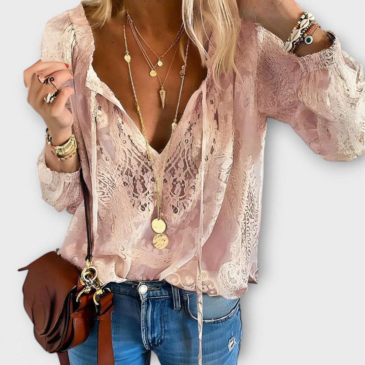 Brunetta | Women's Lace Tie-Neck Blouse with Billowy Sleeves
