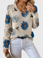 Liza | Women's Floral Knit V-Neck Cardigan with Lattice Sleeves