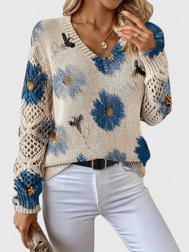 Liza | Women's Floral Knit V-Neck Cardigan with Lattice Sleeves