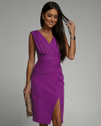 Lavenza | Women's Fitted V-Neck Dress with Side Slit for Special Occasions