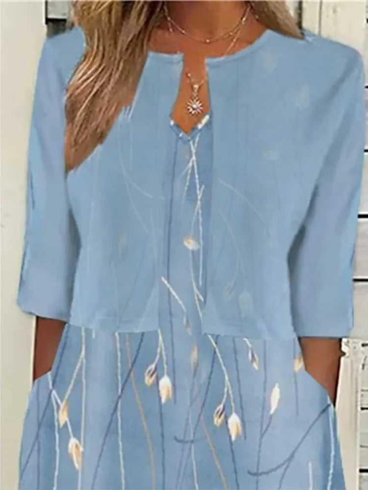 Mia | Women's Floral 3/4 Sleeve Midi Dress With Side Pockets