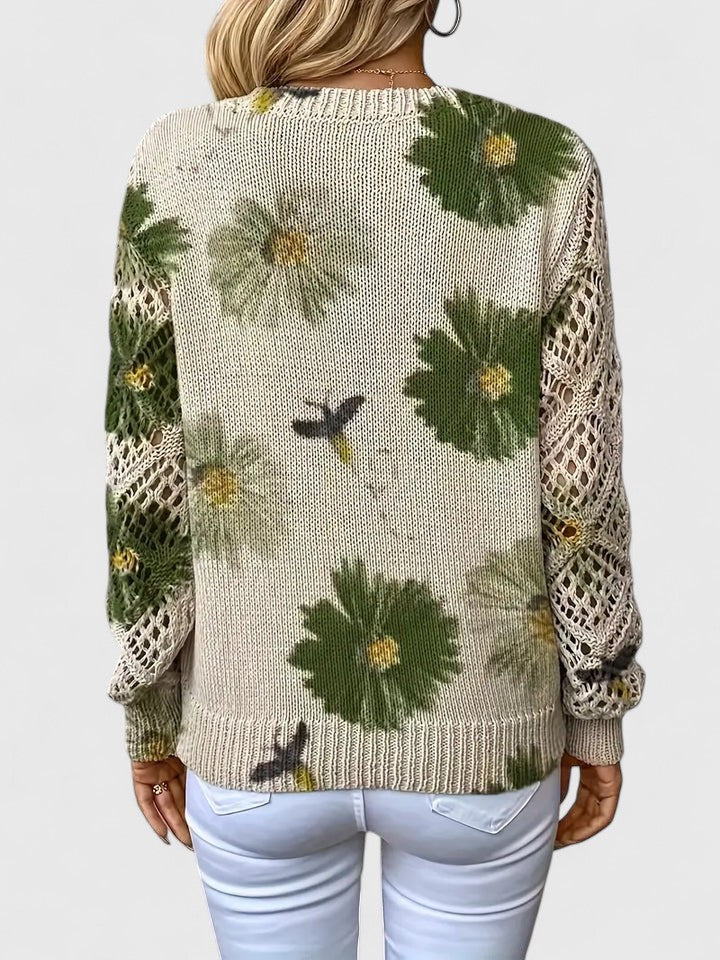 Liza | Women's Floral Knit V-Neck Cardigan with Lattice Sleeves