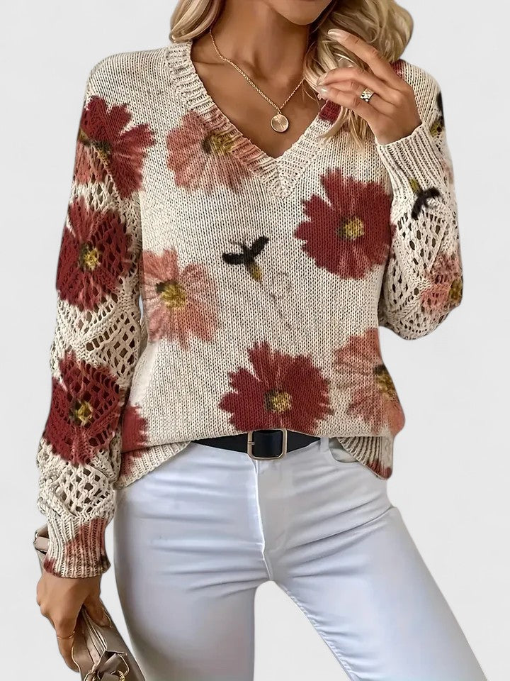 Liza | Women's Floral Knit V-Neck Cardigan with Lattice Sleeves