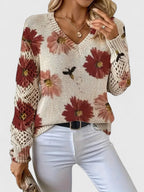 Liza | Women's Floral Knit V-Neck Cardigan with Lattice Sleeves