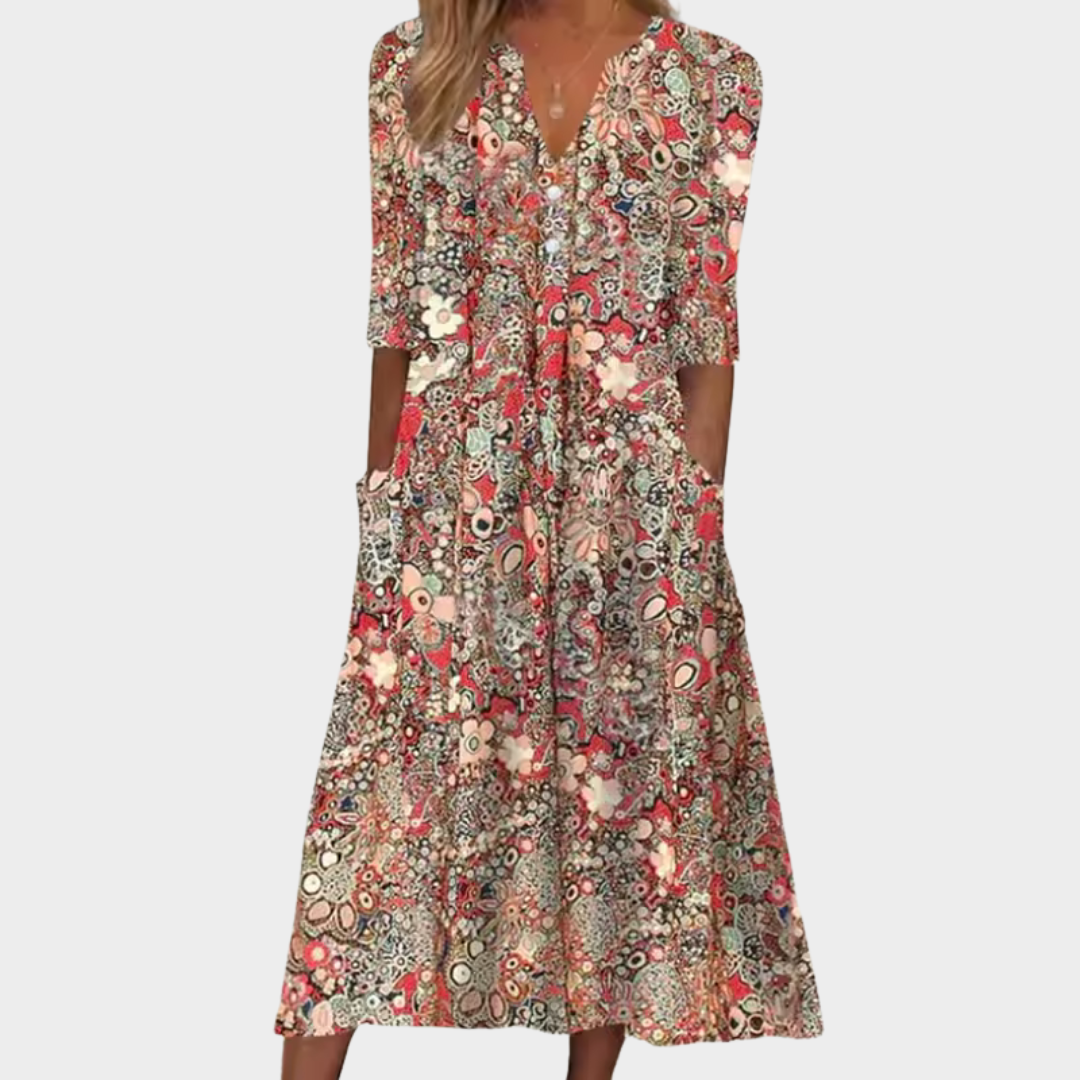 Queenie | Women's Elegant Floral Print Dress with Side Pockets and Loose Fit