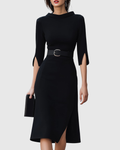 Blythewyn | Women's Belted High-Neck Black Midi Dress with Asymmetric Hem