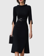 Blythewyn | Women's Belted High-Neck Black Midi Dress with Asymmetric Hem