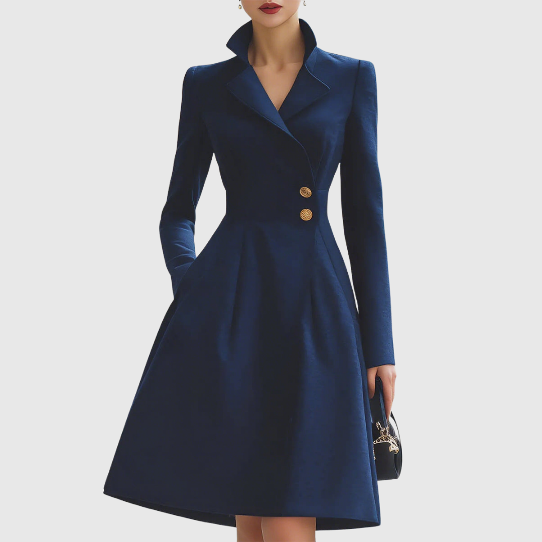 Eleanor | Women's Tailored Fit Navy Coat Dress with Collar and Buttons