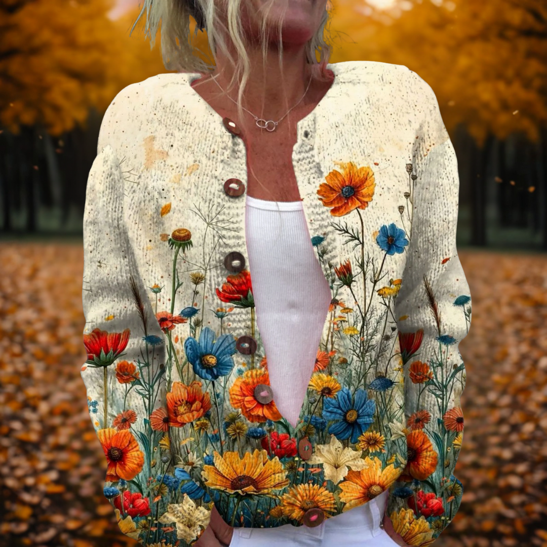 Helena | Women's Open-Front Knit Cardigan with Vintage Flower Print