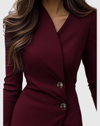 Luned | Women's Burgundy Wrap-Style Long Sleeve Midi Dress with Buttons