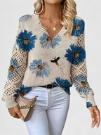 Liza | Women's Floral Knit V-Neck Cardigan with Lattice Sleeves