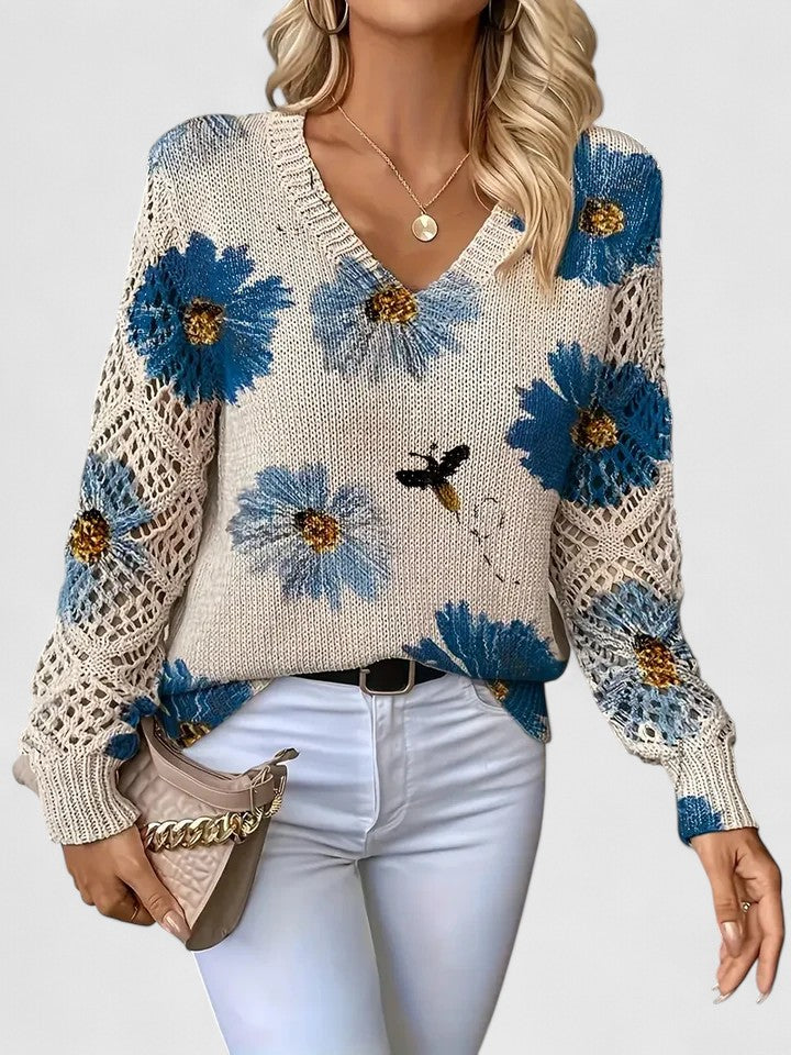 Liza | Women's Floral Knit V-Neck Cardigan with Lattice Sleeves