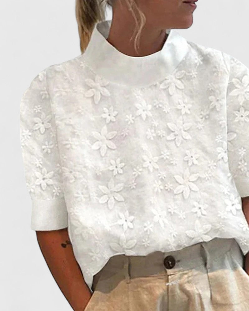 Sonelita | Women's Elegant Stand Collar Blouse With Floral Embroidery