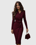 Luned | Women's Burgundy Wrap-Style Long Sleeve Midi Dress with Buttons