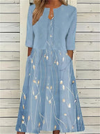 Mia | Women's Floral 3/4 Sleeve Midi Dress With Side Pockets