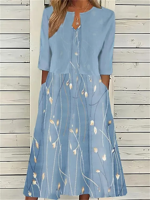 Mia | Women's Floral 3/4 Sleeve Midi Dress With Side Pockets