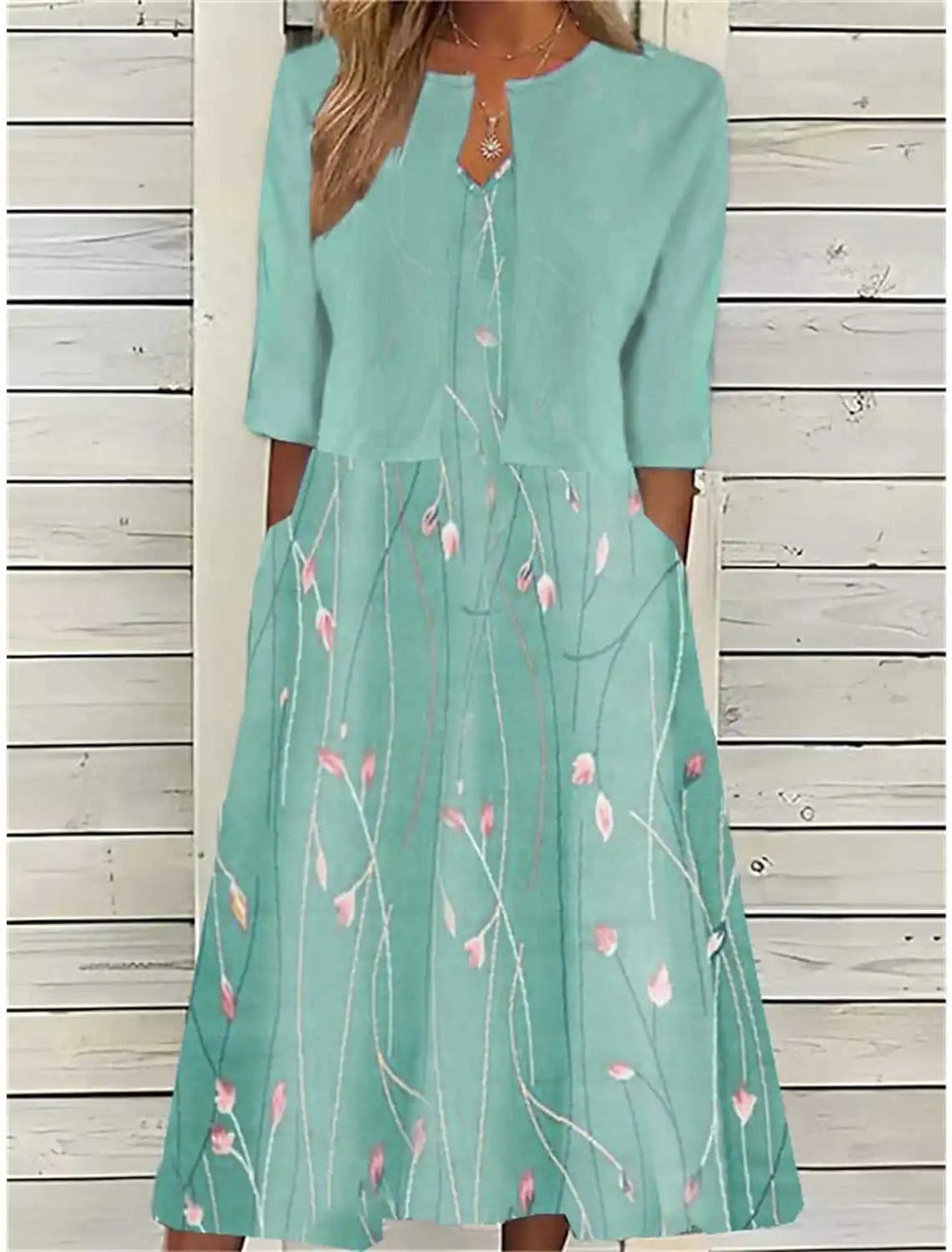 Mia | Women's Floral 3/4 Sleeve Midi Dress With Side Pockets
