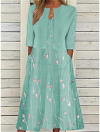Mia | Women's Floral 3/4 Sleeve Midi Dress With Side Pockets