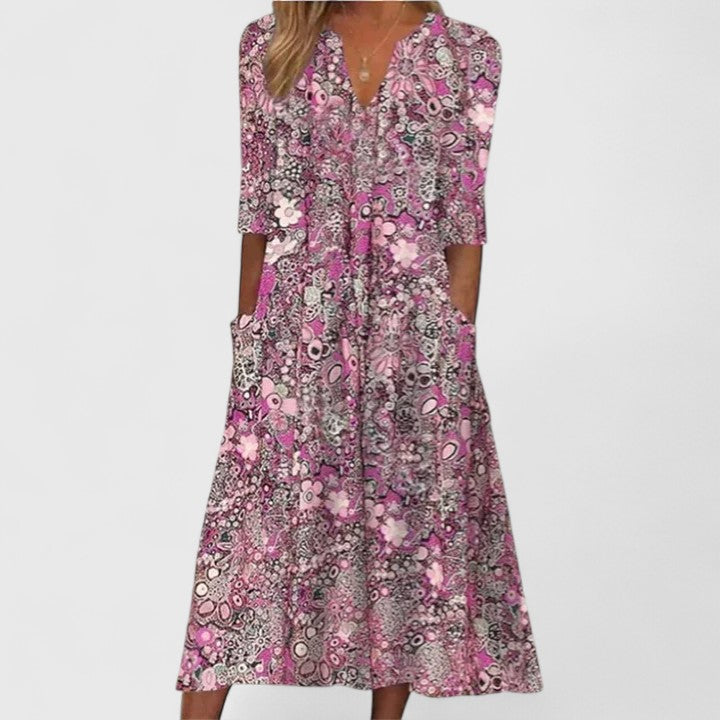 Queenie | Women's Elegant Floral Print Dress with Side Pockets and Loose Fit