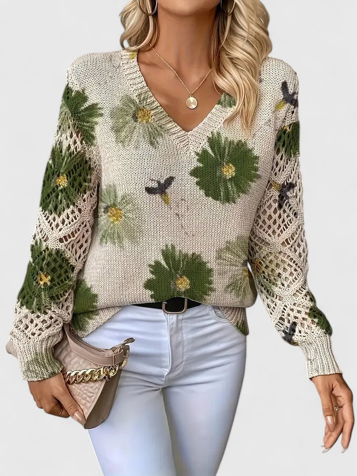 Liza | Women's Floral Knit V-Neck Cardigan with Lattice Sleeves